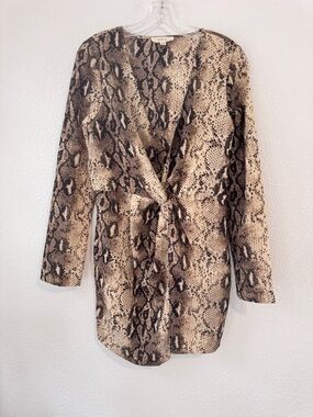 Mable Snake Print Mini Dress Beige Plunging Knot Wrap Long Sleeve